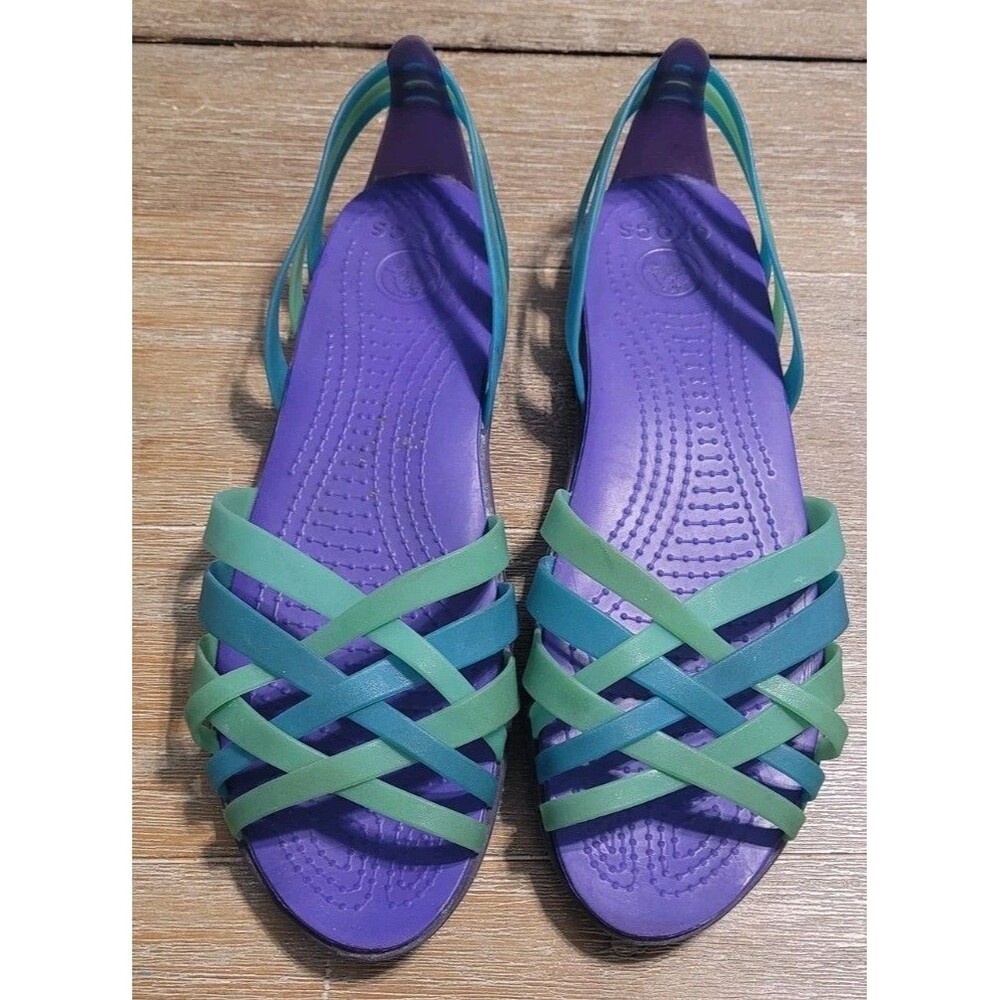Crocs Huarache Isabella Sz 11 Green Purple Jelly Peep Toe Slip On Flat Shoes